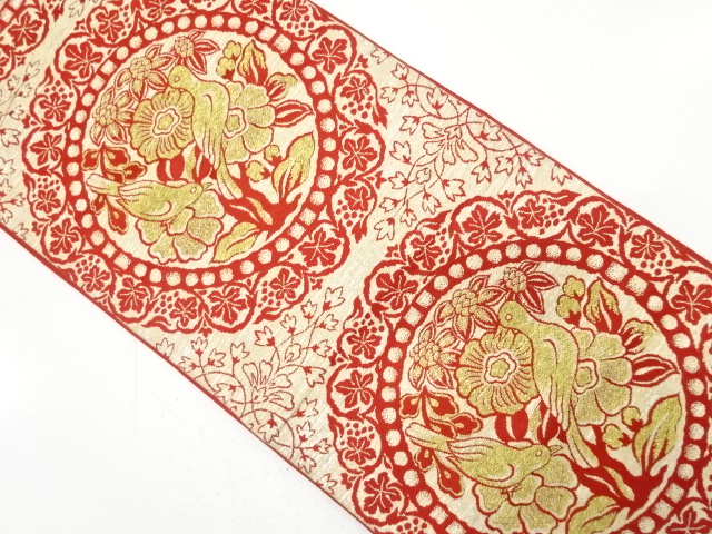 アンティーク　絵皿に花鳥模様織り出し袋帯（着用可）